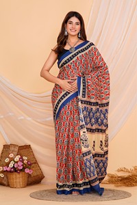 Algodón tradicional indio Mulmul dibujado a mano Ajrakh impreso hasta el suelo blusa Sari ligera nuevo diseñador de Bollywood verano - Product Image 6