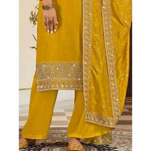 Conjunto de Traje de Fiesta Vichitra para Mujer, Impresionante Traje Salwar Amarillo Bordado - Product Image 5