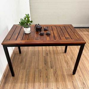 Rustic Acacia Wood Garden <b>Table</b> with Powder-Coated Iron Legs for Courtyard Use - Product Image 3