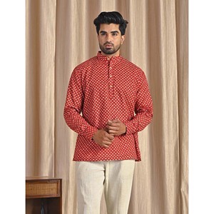 Kurta court en coton popeline bleu imprimé pour homme, chemise décontractée à manches longues, respirante et confortable - Product Image 3