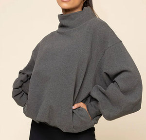 High Quality Custom Fleece Sweatshirt Pullover <b>Drop</b> Shoulder Comfy Oversized Women Mock Neck Sweatshirt with Pockets - Product Image 1