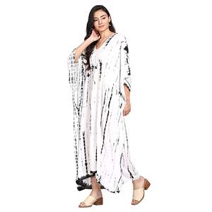 Meilleure qualité Designer femmes rayonne imprimé Fit Flare Kaftan robe élégant coton Maxi nuisettes naturel taille ceintures - Product Image 3