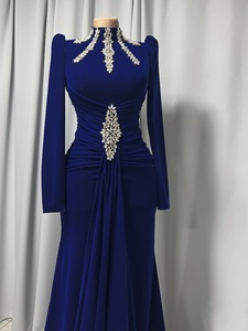 ชุดราตรีหรูหราสีน้ำเงินรอยัลทรงเมอร์เมด พร้อมบราในตัว สายเดี่ยว แขนยาว ผ้าจับจีบช่วงเอว ยาวกรอมพื้น - Product Image 3