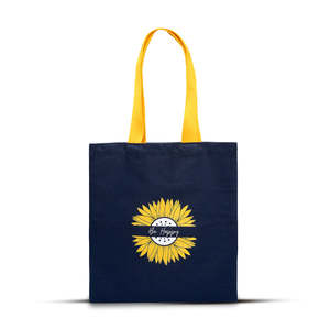 Sac fourre-tout en coton Be Happy Sunflower, durable, taille moyenne, avec longues poignées en corde, impression par transfert thermique, pour usage quotidien, alimentaire, publicitaire ou cadeau - Product Image 1
