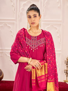 Costume Anarkali en soie romaine bicolore pure broderie fantaisie intérieur en coton doux 3 pièces Diwali ensemble de fête pour vêtements indiens pakistanais - Product Image 5