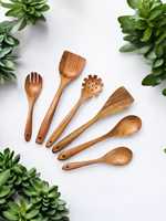 Ensemble d'ustensiles de cuisine en bois de qualité supérieure |   6 pièces d'ustensiles de cuisine antiadhésifs en bois naturel (cuillères, spatules, fourchettes) pour une utilisation quotidienne
