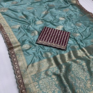 Sari de Seda Dola Pura VASTRA COTTAGE, Tejido Meenakari Zari, Bordado con Cordón y Lentejuelas, para Bodas y Festividades - Product Image 6