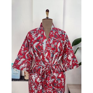 Boho-Kimono Style Handprinted Red Wildflower Chic Lightweight Cotton Indian Summer Luxury <b>Beach</b> Cover-Up Swimsuit <b>Accessory</b> - Product Image 6