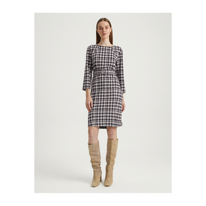 Vestido de Noche con Cinturón, Estampado de Pata de Gallo, Mezcla de Viscosa, Marca BGN, Turquía - Product Image 1