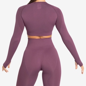 Vêtements de sport 2 pièces sans couture pour femmes tenue de sport athlétique en coton uni hauts courts costume d'entraînement décontracté OEM vente en gros Yoga Fitness - Product Image 4