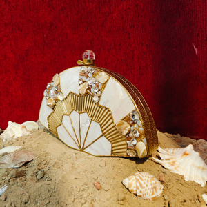 Luxury Fan Shape Mother of Pearl Panelled <b>Clutch</b> with Crystal and Pearl Embellishment Gold Frame Evening <b>Bag</b> - Product Image 3
