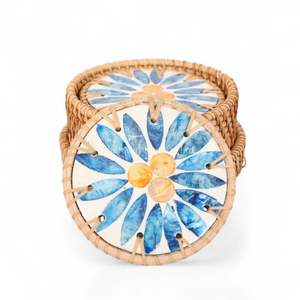 Handmade Mother of Pearl <b>Coaster</b> Set with Natural Rattan Rim and <b>Woven</b> Rattan Storage Box for Elegant Table Decor - Product Image 2