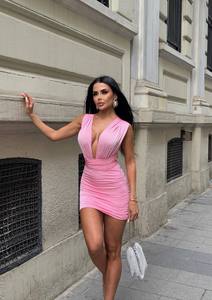 Robe midi moulante rose à col carré et froncée, sans bretelles, en coton tissé uni, taille naturelle, respirante, avec superposition transparente, pour le bureau - Product Image 5