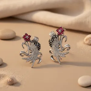 Boucles d'oreilles pendantes Art Palace vintage à motif floral et oiseaux avec pierres précieuses rubis en argent 925 pour femme, cadeau de fête du Rajasthan - Product Image 1
