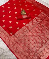 SAREE BANARASI BIOLOGIQUE EN SOIE MORDEN LICHI AVEC CHEMISIER NON COUDU VÊTEMENT FESTIF PRIX DE GROS VÊTEMENT ETHNIQUE SAREE ROUGE INDIEN