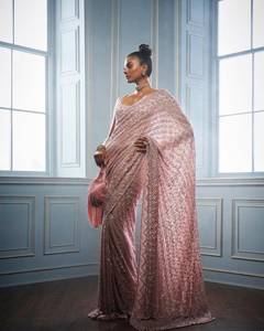 Vente en gros Pièce Nouveau Peach Couleur Designer Séquence Georgette Travail Saree Pour femmes Tenue de Fête Tenue pour Occasion Spéciale - Product Image 3