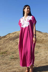 Robe longue classique style Bédouin, col en V, broderie, liens ajustables au dos, légèrement transparente, respirante, coupe trapèze ample, en coton, pour soirée - Product Image 3
