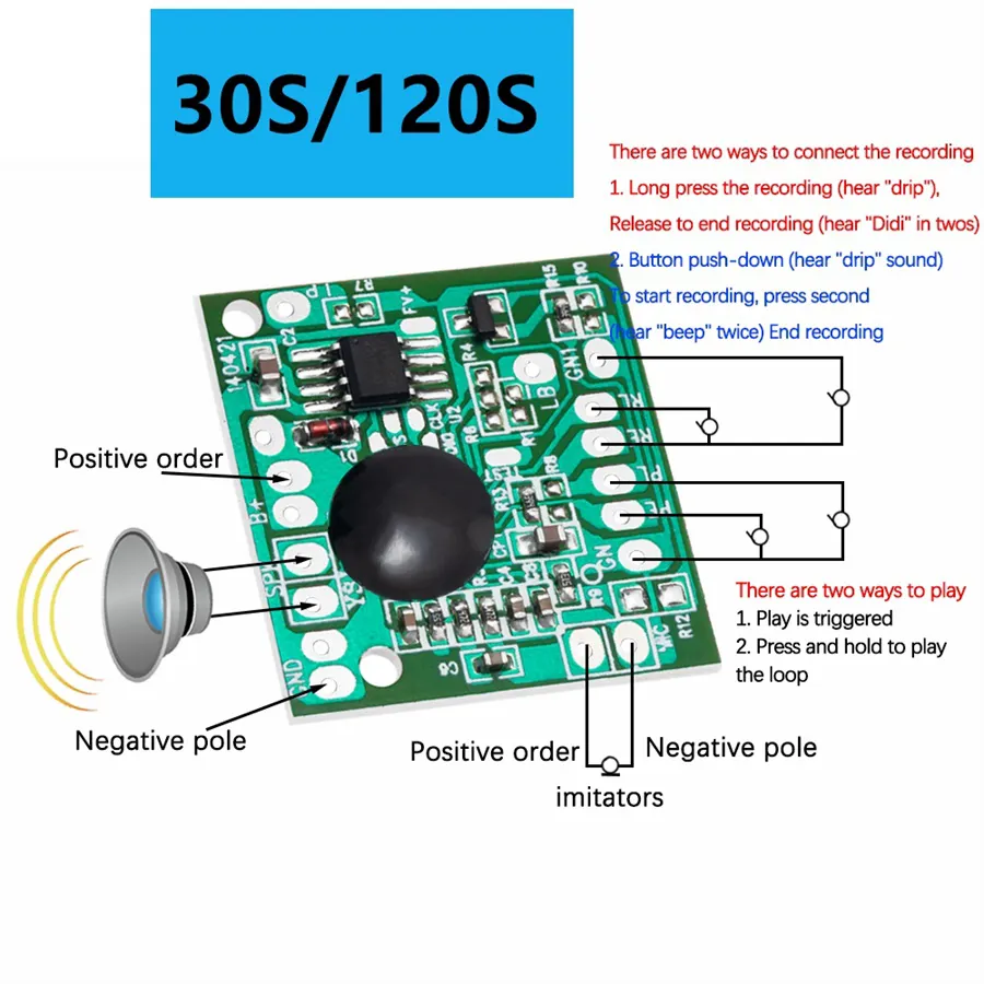 Modul Suara untuk mainan elektronik Chip IC perekam suara 30s 120secs perekam pemutaran Audio musik bicara papan perekam hadiah