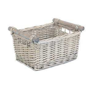 Panier tissé lavé gris avec manche en bois Panier De Rangement En Osier avec un design élégant - Product Image 1