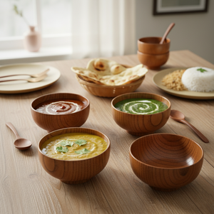Natural Solid Wood Serving <b>Bowl</b> 4 Handmade <b>Curry</b> Soup Snacks Cereal Premium Eco Friendly Classic Dining Kitchen Tableware Party - Product Image 1