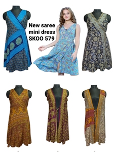 Venta al por mayor de moda de la India nueva seda Saree bohemio con cuello en V de las mujeres Floral impreso Maxi vestido de encaje de manga larga botón cremallera - Product Image 3