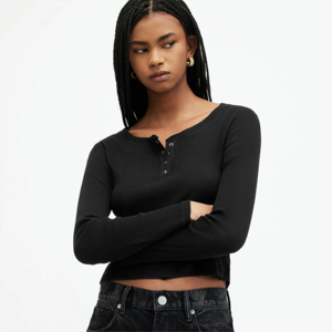 Women's <b>Black</b> <b>Cropped</b> Long <b>Sleeve</b> Knitted <b>Top</b> Scoop Neck Button Detail Slim Fit Casual Style All Seasons - Product Image 6