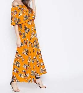 เดรสยาวพิมพ์ลายดอกไม้สีเขียวมัสตาร์ดสำหรับผู้หญิง พรีเมียม คอเปิดไหล่ แต่งระบายหลายชั้น ไซส์พลัส สไตล์ลำลอง ตกแต่งด้วยลูกไม้ ทรงเอไลน์ - Product Image 6