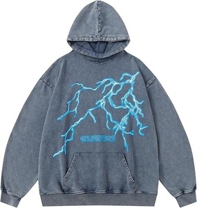 Sweat-shirt unisexe en coton denim surdimensionné, streetwear pour homme, imprimé éclair, style hip-hop, à capuche, automne, plusieurs options de personnalisation - Product Image 3