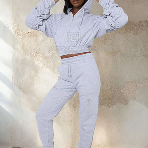 <b>Cropped</b> <b>Zip</b> <b>up</b> Winter Solid Jogger Set Women 2 Piece Casual Streetwear Eco-Friendly Breathable Long Sleeve - Product Image 4