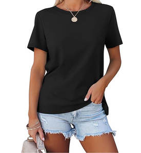 T-shirts d'été décontractés pour femmes respectueux de l'environnement en jersey anti-boulochage respirants à manches courtes hauts à blocs de couleur avec décoration à rayures - Product Image 1