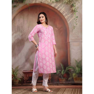 Kurta Rosa de Algodón Bordado para Mujer, Transpirable, Largo hasta la Rodilla, Estilo Ejecutivo, Diseño Personalizado, Vestido Moderno para el Día - Product Image 4