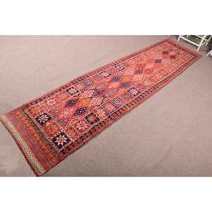 Turkish Vintage Rug, 2.7x11.9 ft <b>Runner</b> Rug, <b>Red</b> Herki Oriental Rug - Product Image 2