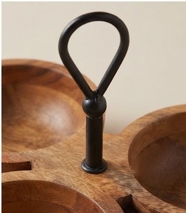 Mango Wood Serving Dish Three Compartments Round Handmade Minimalist Design With <b>Black</b> Metal Handle - Product Image 2