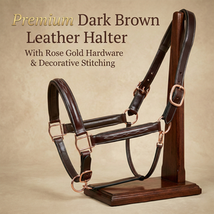 Harnais de selle anglais en cuir marron foncé de qualité supérieure avec surmêchoir rembourré à surpiqûres décoratives et ferrures couleur or rose – Élégant - Product Image 3