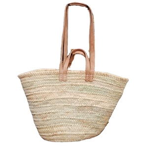 Panier XL de qualité supérieure en cuir naturel avec poignée double en cuir naturel. Sac en paille marocain tissé en corde de papier - Product Image 1