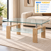 Table basse en verre double couche, table de salon moderne avec étagère de rangement et pieds en bois manufacturé, support OEM