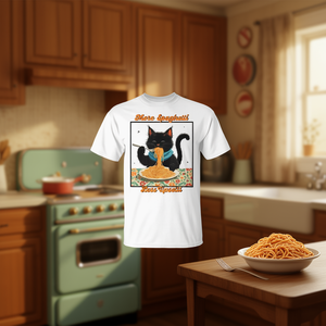 T-shirt vintage avec motif de chat mangeant des spaghettis, design « Plus de spaghettis, moins d'émotions », vêtements promotionnels - Product Image 3