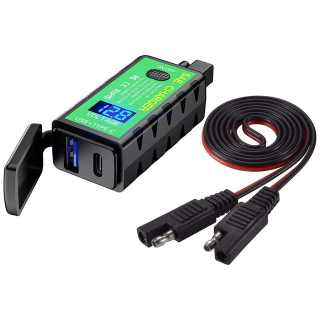 Motorcycle SAE to USB Adapter Charger, USB Type C PD Quick Charge With Voltmeter ON/Off Switch for Phone Tablet GPS