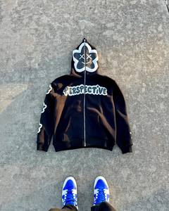 Fabricant de sweat à capuche en coton molletonné lourd pour hommes, ensemble de survêtements de jogging, ourlet brut, bord coupé, fermeture éclair imprimée bouffante, hiver - Product Image 2