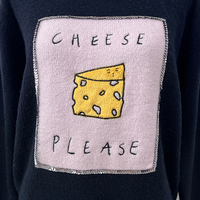 Pull en tricot pour femme tendance avec motif personnalisé, imprimé dessin animé « Cheese Please », doux et chaud, bleu marine
