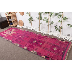 Alfombra turca Vintage de 32 'X 10', Alfombra de lana tejida plana rosa y morada con respaldo de látex para decoraciones de sala de estar - Product Image 1