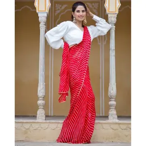Sari Ligero con Adornos Rojo Rosa para Mujer, Estilo Leheriya, para Fiestas - Product Image 3