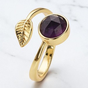 Anillo de hoja de piedras preciosas de amatista redonda-Anillo de moda de piedras preciosas chapado en oro-Anillo de diseñador ajustable al por mayor - Product Image 1