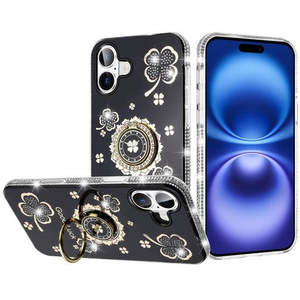 เคส iPhone 17 2025 แบบมีกลิตเตอร์ ขอบเพชร พร้อมขาตั้งแบบวงแหวน สีดำ - Product Image 1