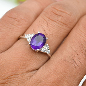 Belle conception naturelle améthyste anneaux de mariage ovale broche réglage 925 bijoux en argent Sterling bijoux pour les mariages fiançailles - Product Image 4