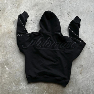 Custom <b>Black</b> Drop Shoulder Heavyweight <b>Hoodie</b> 100% Cotton French Terry <b>Zip</b>-<b>Up</b> with Rhinestone Rivet Design for Men - Product Image 2