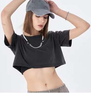 Camiseta corta de algodón peinado con logotipo personalizado para mujer, camisetas sueltas de gran tamaño con lavado ácido - Product Image 5