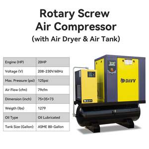 Compresseur d'air à vis rotatif My Store 15KW 20HP avec réservoir ASME de 80 gallons, réfrigéré, 81CFM 125PSI 230V Triphasé 60Hz pour outils pneumatiques - Product Image 4