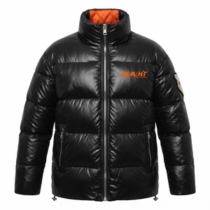 Blouson matelassé noir brillant pour homme, coupe oversize, col montant, logo brodé, coupe-vent, chaud, style streetwear décontracté - Product Image 1