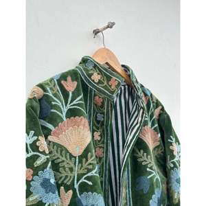 Handmade Reversible Velvet Suzani <b>Jacket</b> Quilted Bohemian Outerwear with Varsity Style Autumn Short <b>Blazer</b> in Suede <b>Leather</b> - Product Image 4